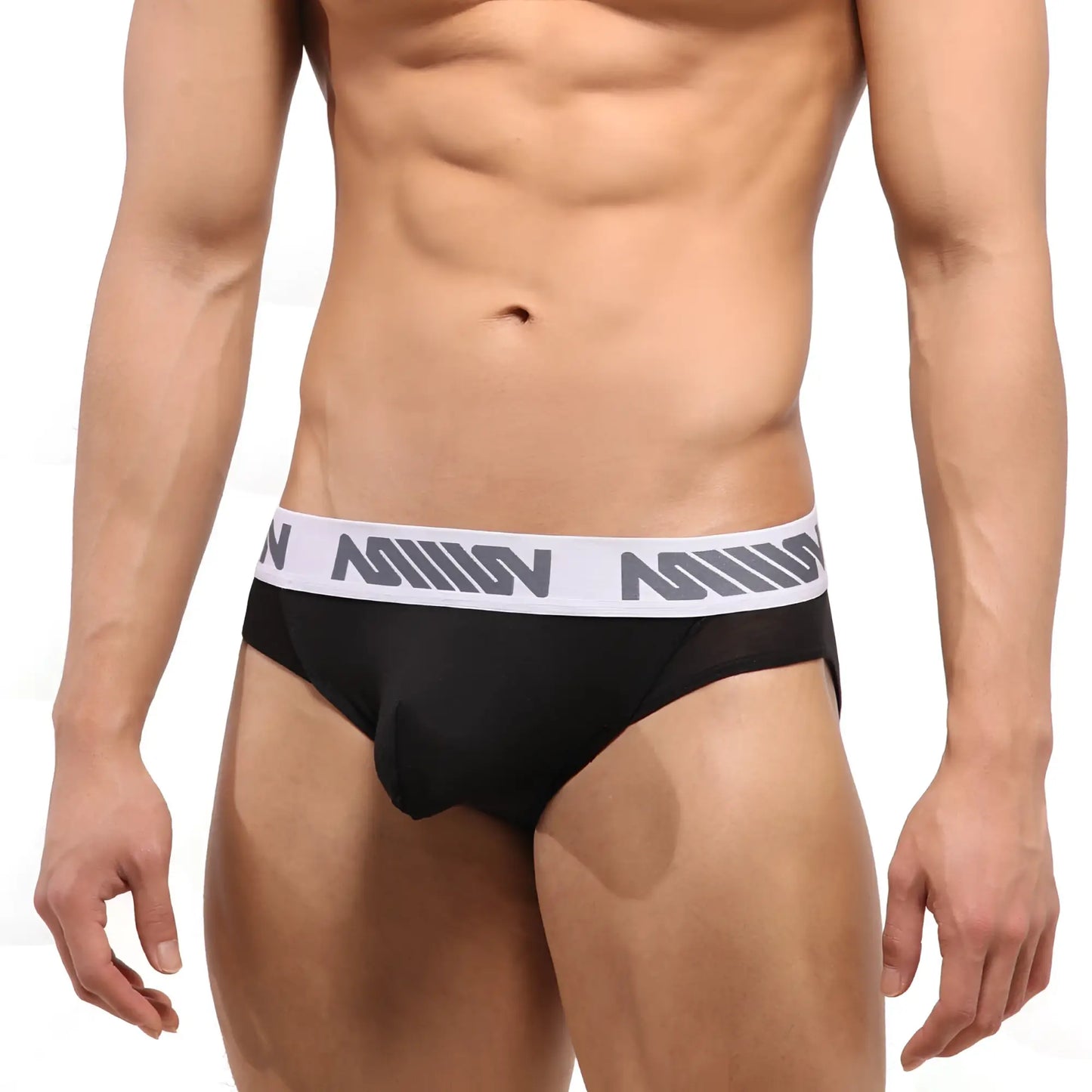 Black men’s briefs metroMalewear perfect scene hip brief core black with white elastic waistband and gray geometric branding