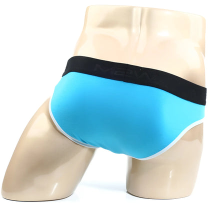 Bright blue metroMalewear perfect scene hip briefs with black merw waistband and white trim along leg openings
