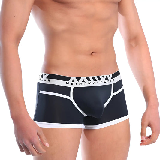Black and white mens briefs with bold geometric waistband and metromalewear branding perfect scene hip contrast trunk