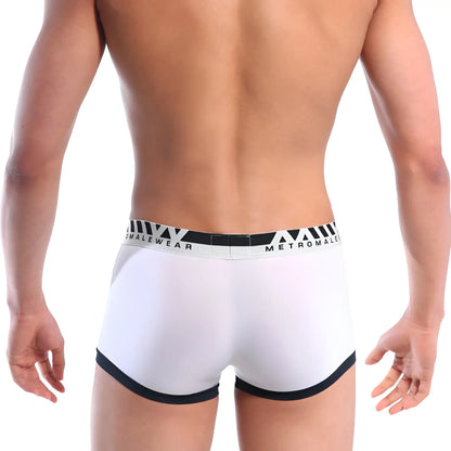 White metro malewear perfect scene hip contrast trunk briefs with black trim and branded waistband in cotton blend
