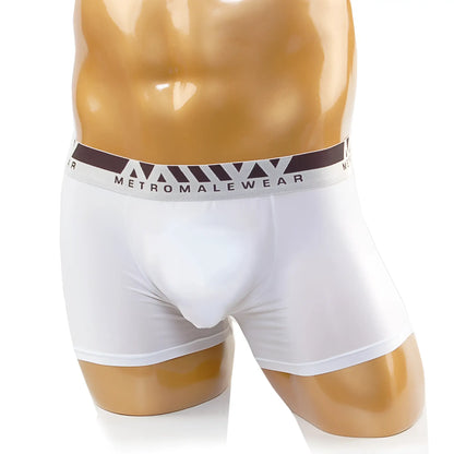 White men’s briefs with gray and brown elastic waistband featuring metromalewear brand perfect scene hip solid trunk