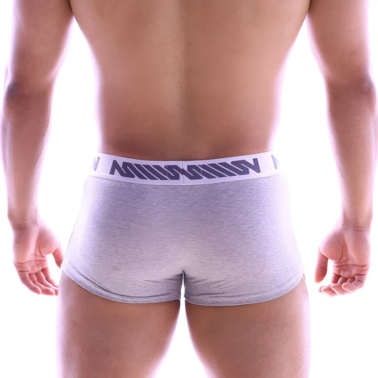 Gray heathered cotton briefs with white elastic waistband and dark gray geometric logo by MetroMaleWear perfect scene hip trunk