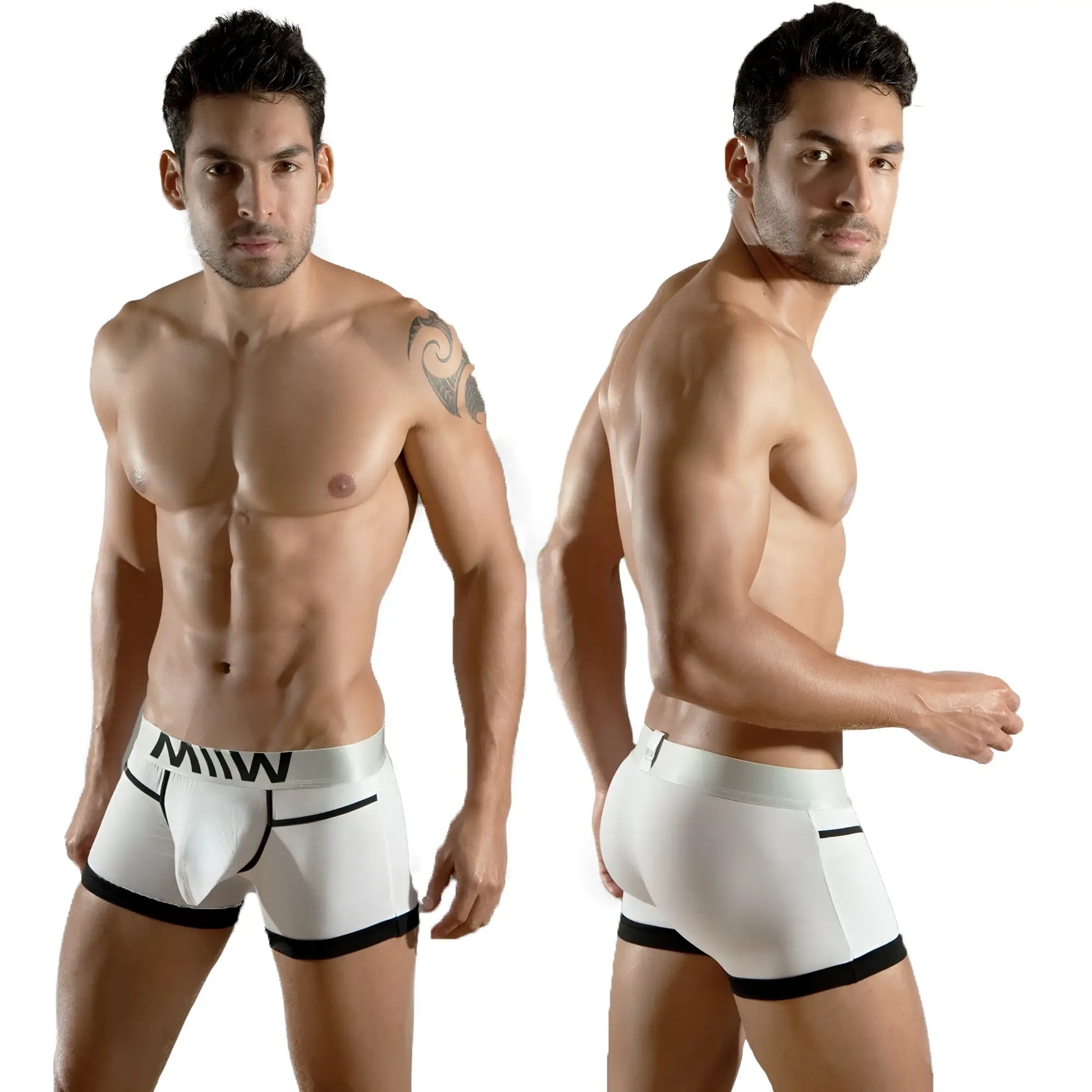 White mens briefs with black trim and bold miw logo on waistband metroMaleWear perfect scene hip trunk white 1013-00