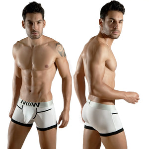 White mens briefs with black trim and bold miw logo on waistband metroMaleWear perfect scene hip trunk white 1013-00