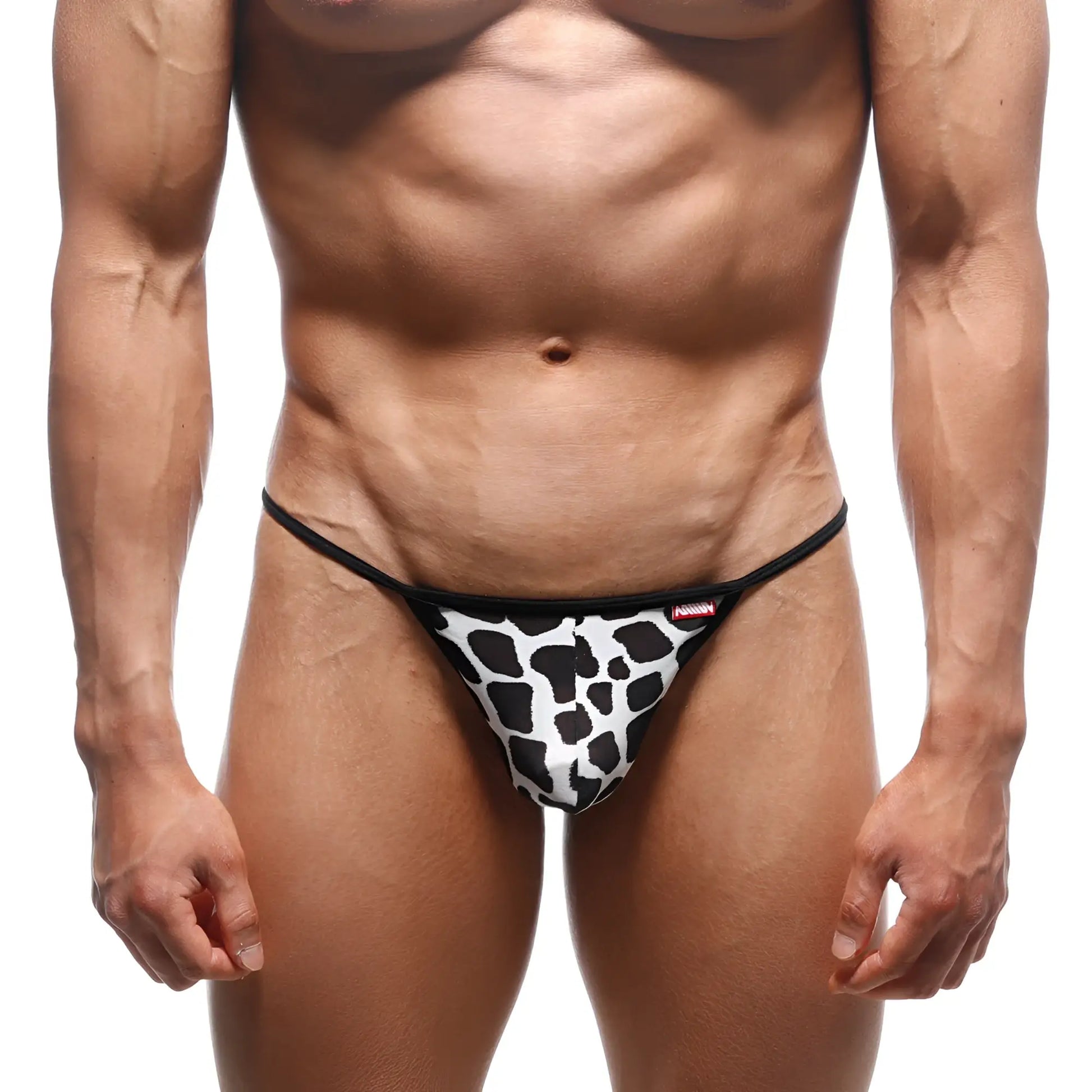 MetroMaleWear perfect scene string dalmatian 2014-77 black and white cow print thong with thin black elastic waistband