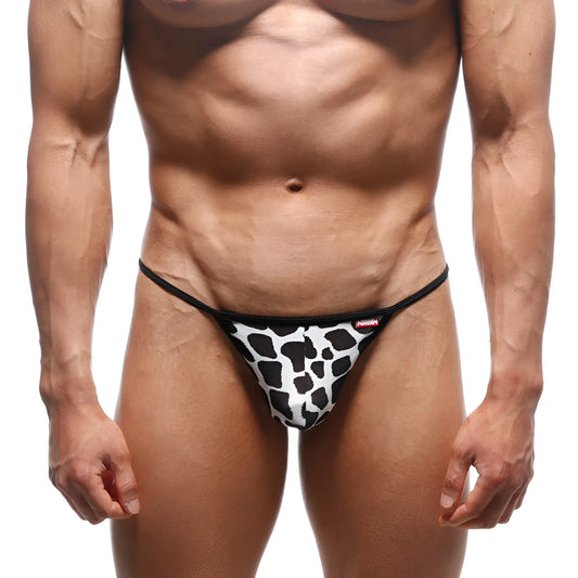 MetroMaleWear perfect scene string dalmatian 2014-77 black and white cow print thong with thin black elastic waistband