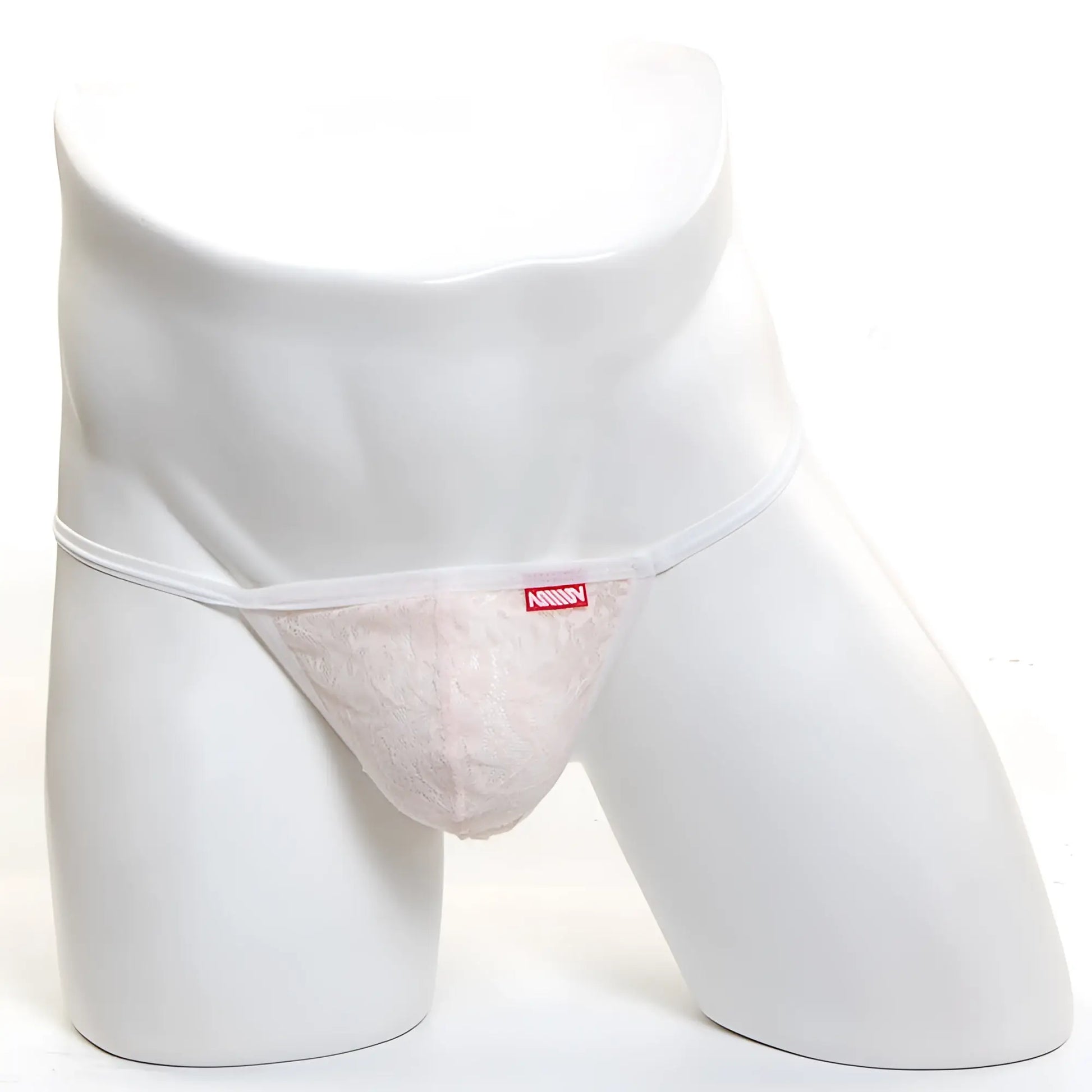 A delicate pink lace thong with a white elastic waistband and madison branding from metromalewear perfect scene string lace nude 2014-71