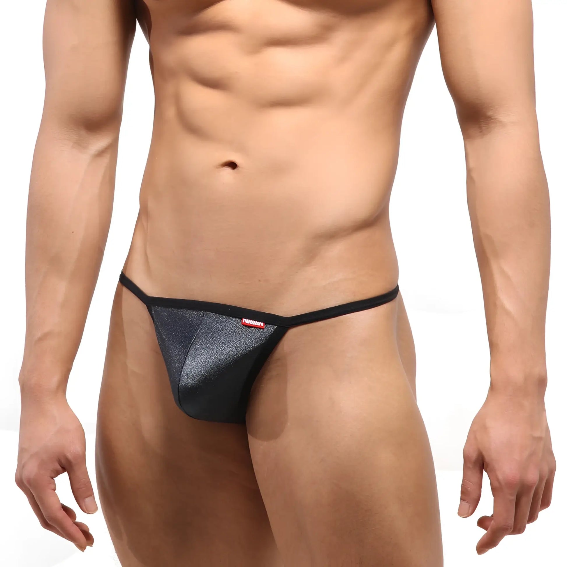 Black glittery thong with red brand tag on the side from MetroMaleWear Perfect Scene String Metal Gray 2014-11 collection