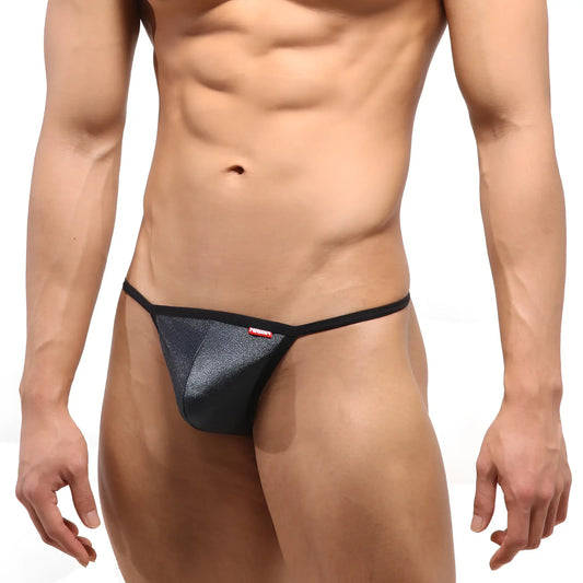 Black glittery thong with red brand tag on the side from MetroMaleWear Perfect Scene String Metal Gray 2014-11 collection