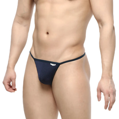 Navy blue mesh thong with minimalist design and subtle white metro male wear logo on waistband perfect scene string