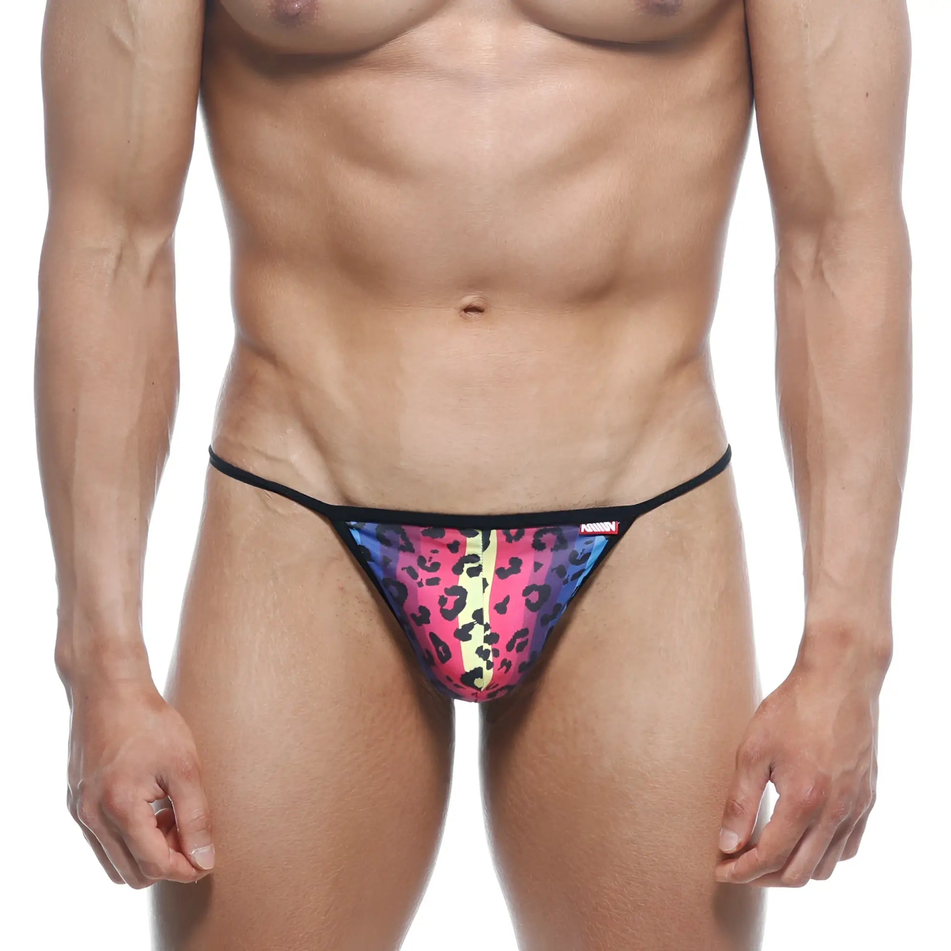 Vibrant rainbow leopard-print thong with black trim by metroMalewear perfect scene string neon 2014-05 front view