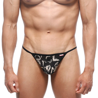 Black thong with white graffiti lettering and red brand tag on waistband from metromalewear perfect scene string oraculo 2014-78