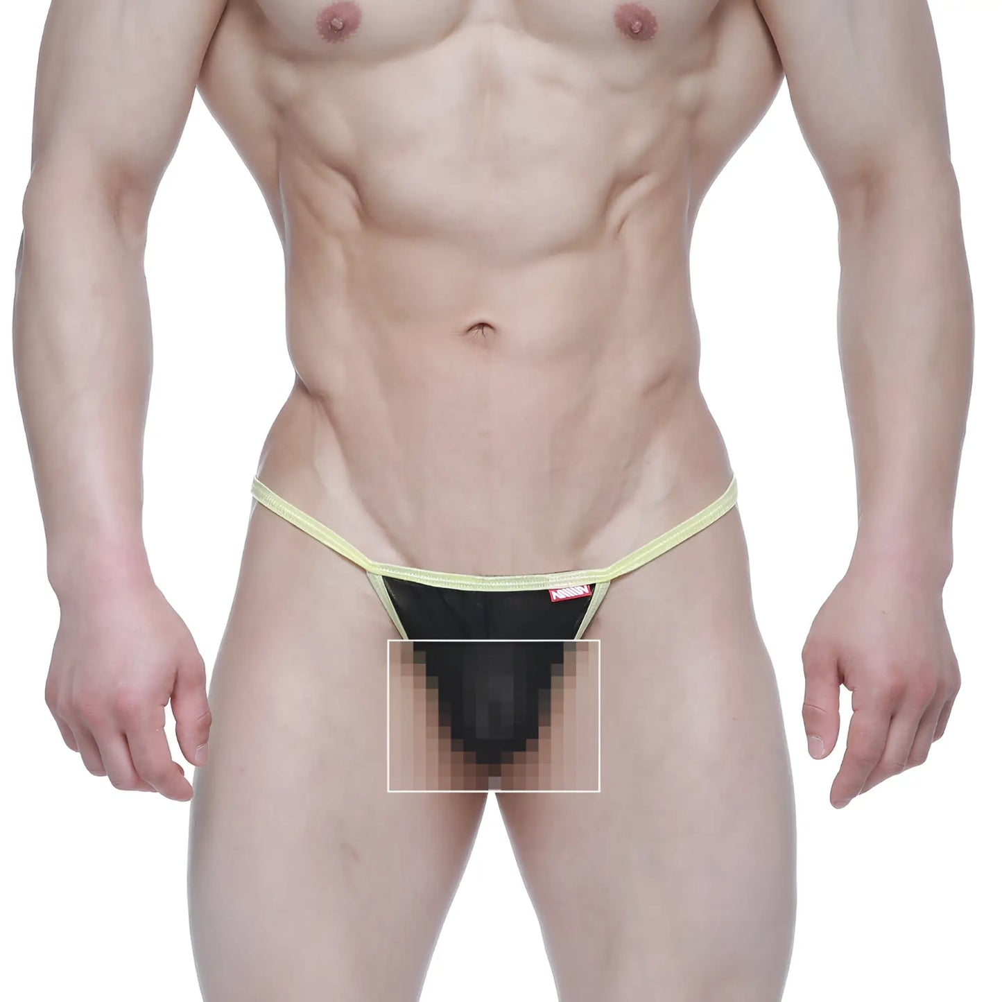 Black mesh thong with yellow elastic waistband and trim from metromalewear perfect scene string tull 2014-21 collection