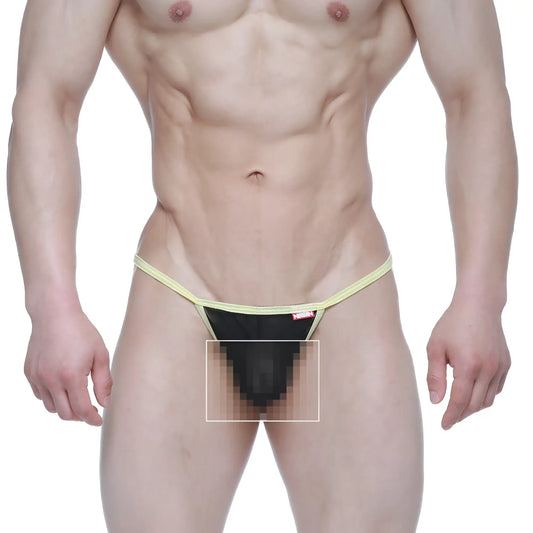 Black mesh thong with yellow elastic waistband and trim from metromalewear perfect scene string tull 2014-21 collection