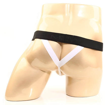 Black and white men’s briefs with a black m2ny waistband showing the back side in metroMalewear perfect scene style
