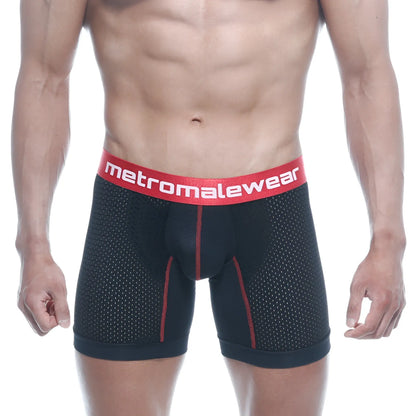 Black mesh metroMalewear performance boxer briefs with red trim and bold red logo waistband 2023-P20