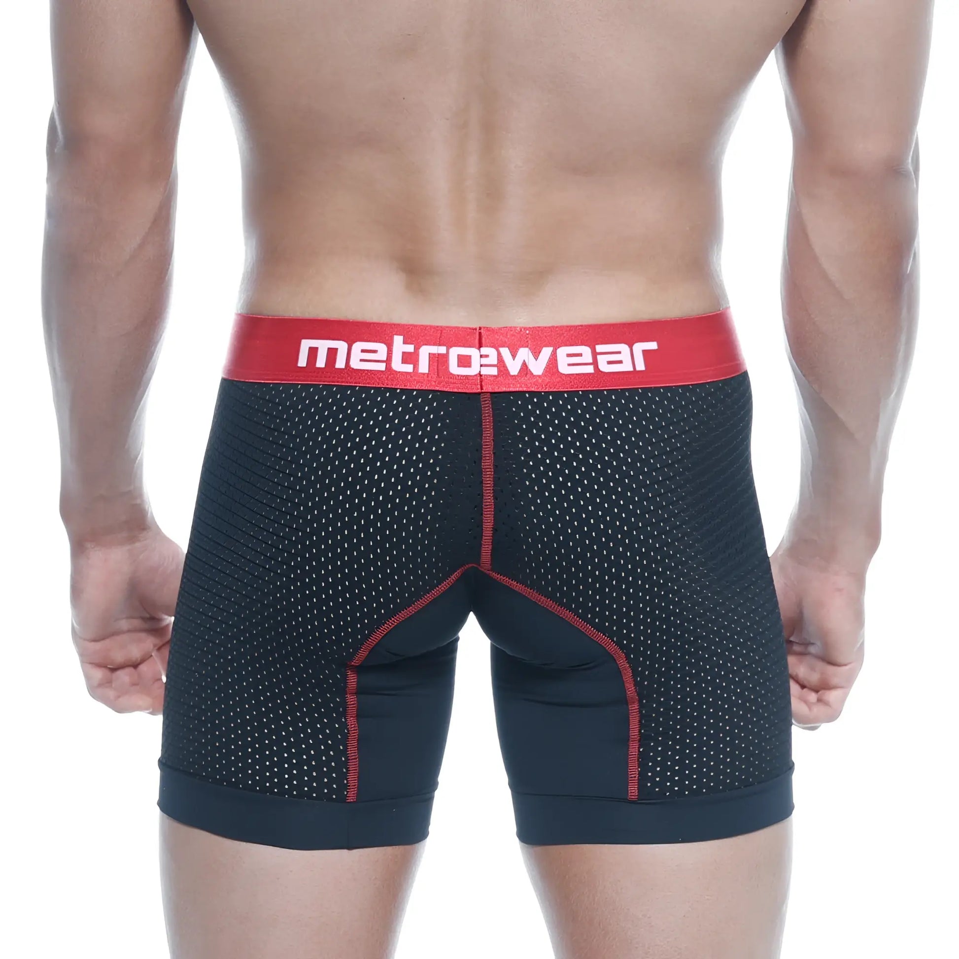 Metro male wear performance black mesh boxer briefs with red trim and bold metrowear logo waistband 2023-p20