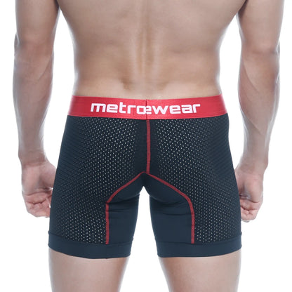 Metro male wear performance black mesh boxer briefs with red trim and bold metrowear logo waistband 2023-p20