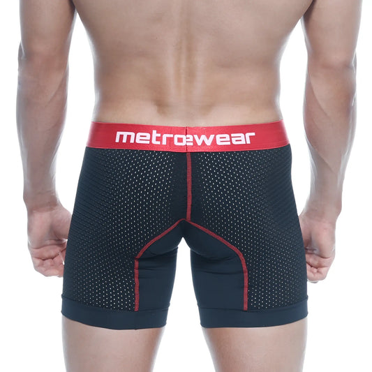 Metro male wear performance black mesh boxer briefs with red trim and bold metrowear logo waistband 2023-p20