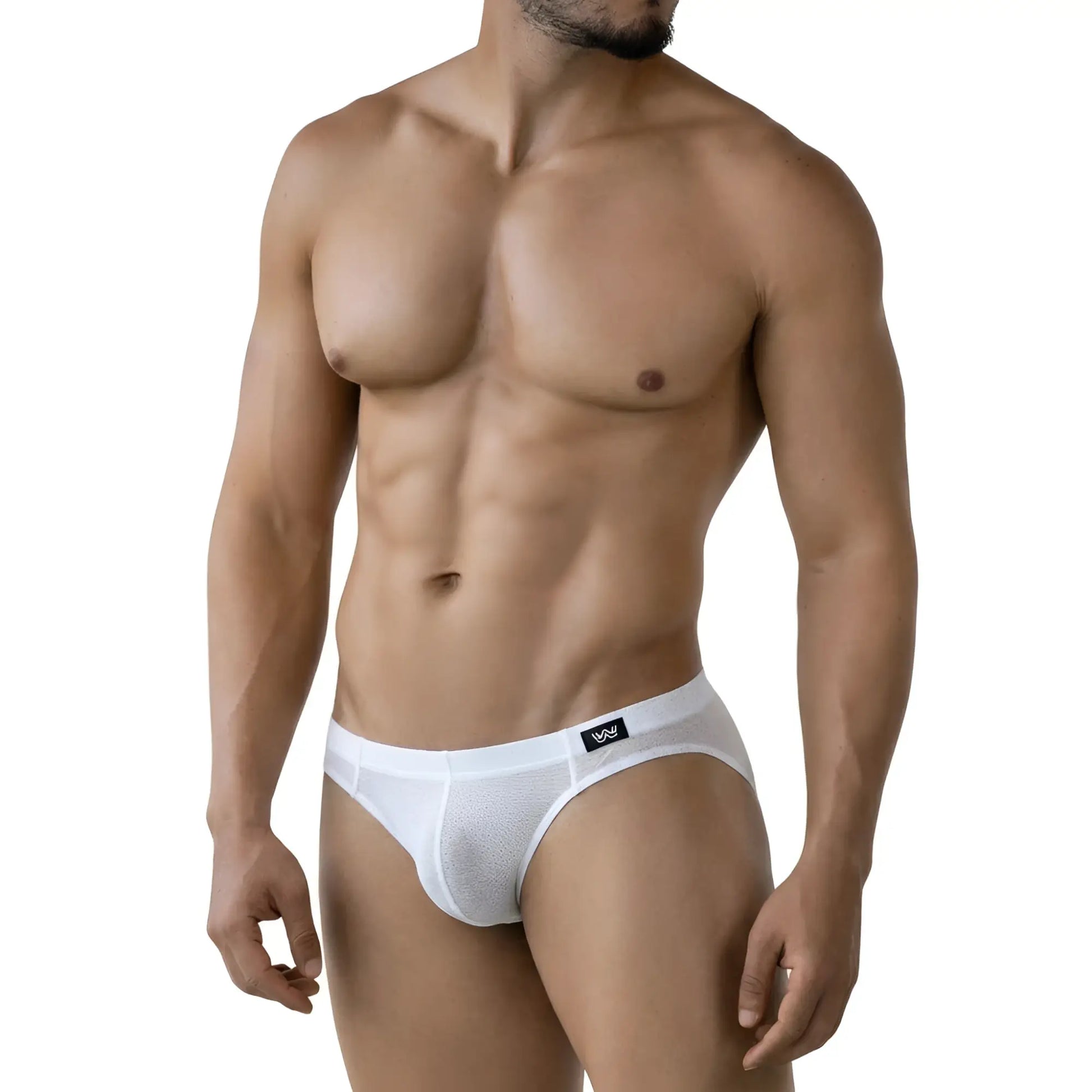 White mesh briefs by metromalewear featuring a black logo waistband in the perla bikini 5103-18 style