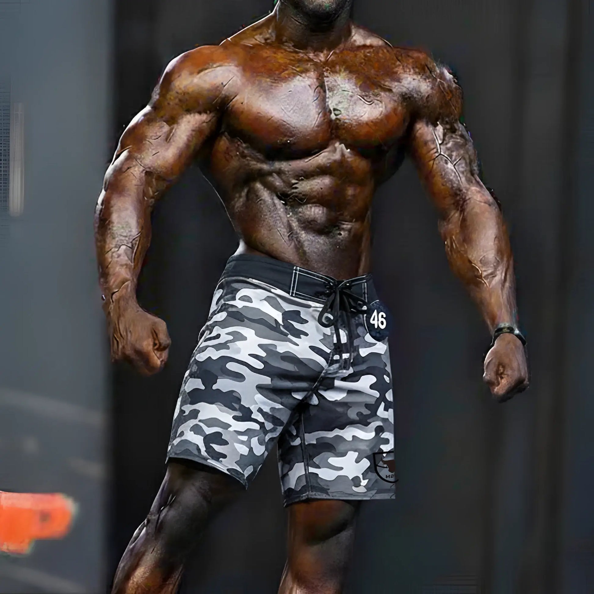 Gray and black camouflage swim trunks with drawstring waistband by metromalewear physique board short camo 4706-60