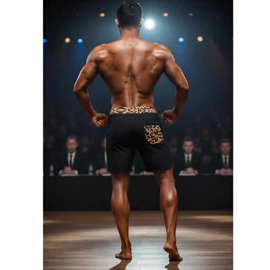 Black MetroMaleWear Physique board shorts with leopard print waistband and pocket for stylish casual wear