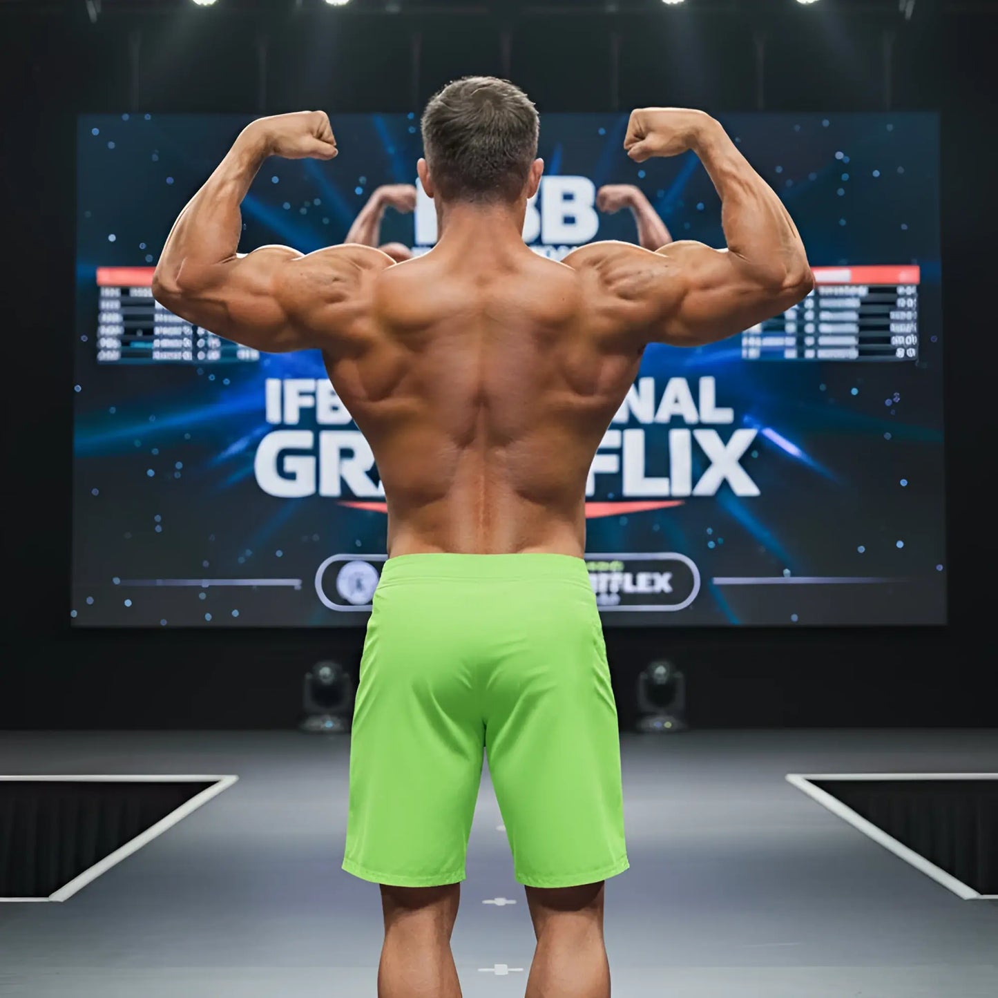 A muscular man showcasing the back side of metro malewear physique board short neon green 4706-07 on stage
