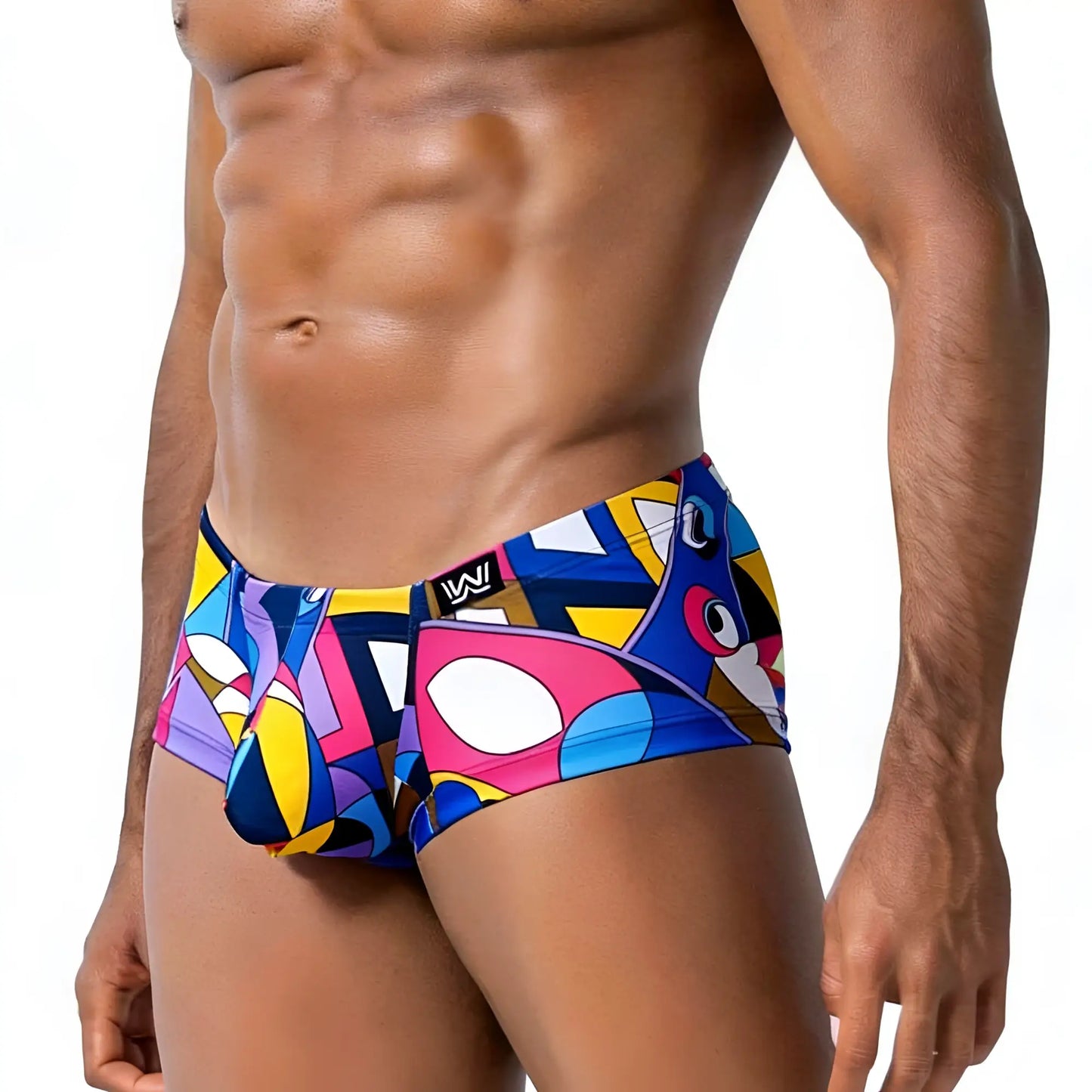 Vibrant abstract-patterned metroMalewear picasso trunk 2125-51 men’s swim trunks in bold blue pink yellow and purple hues