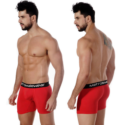 Red men’s pima cotton boxer briefs with black waistband and metromalewear branding for comfortable daily wear