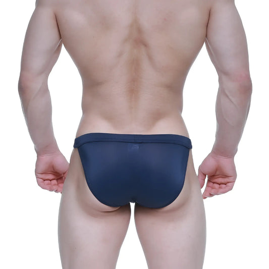 Navymalewear plano bikini briefs in dark blue mesh fabric designed for comfortable everyday wear