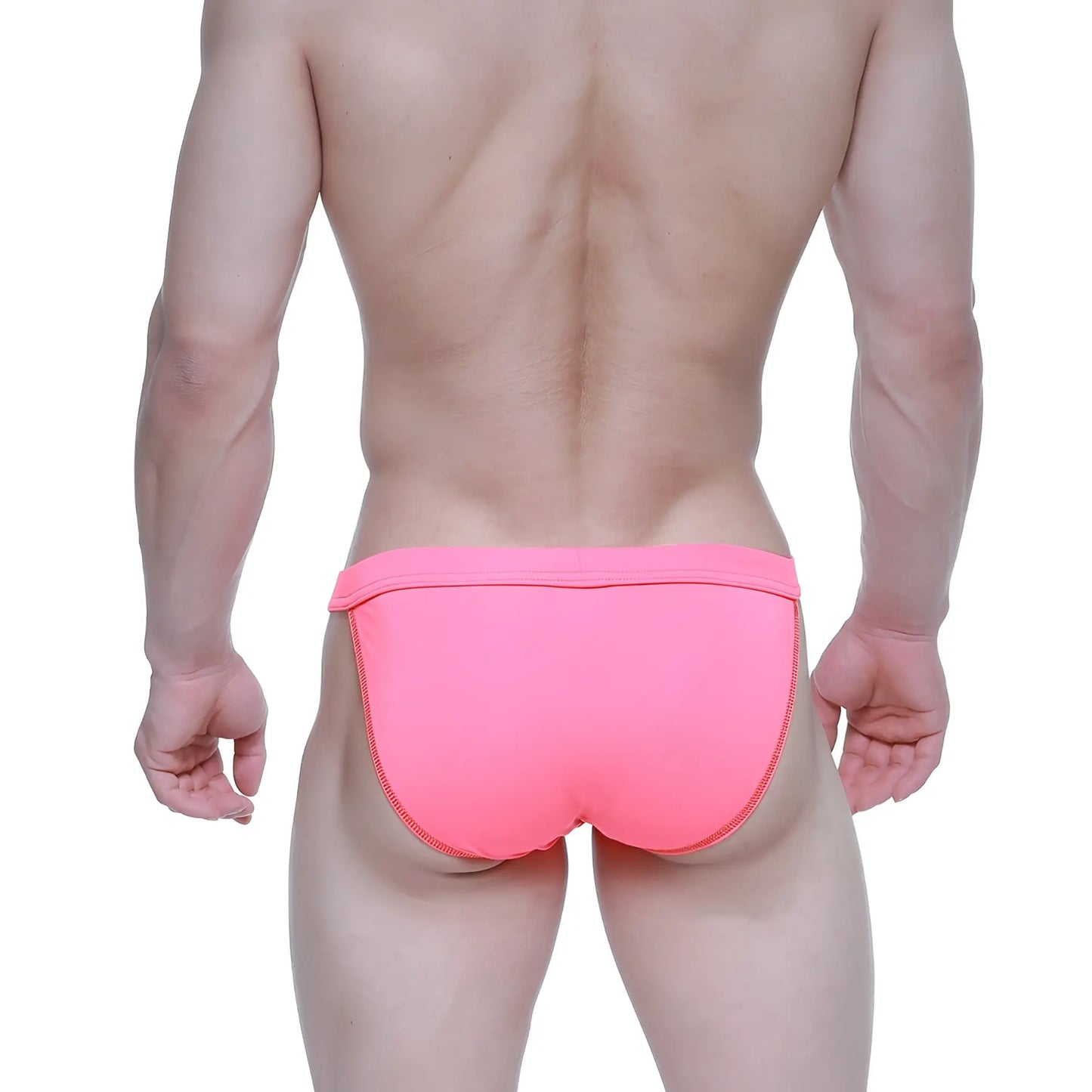 Bright pink MetroMaleWear Plano bikini swim trunks with snug fit and matching side seam zipper detail