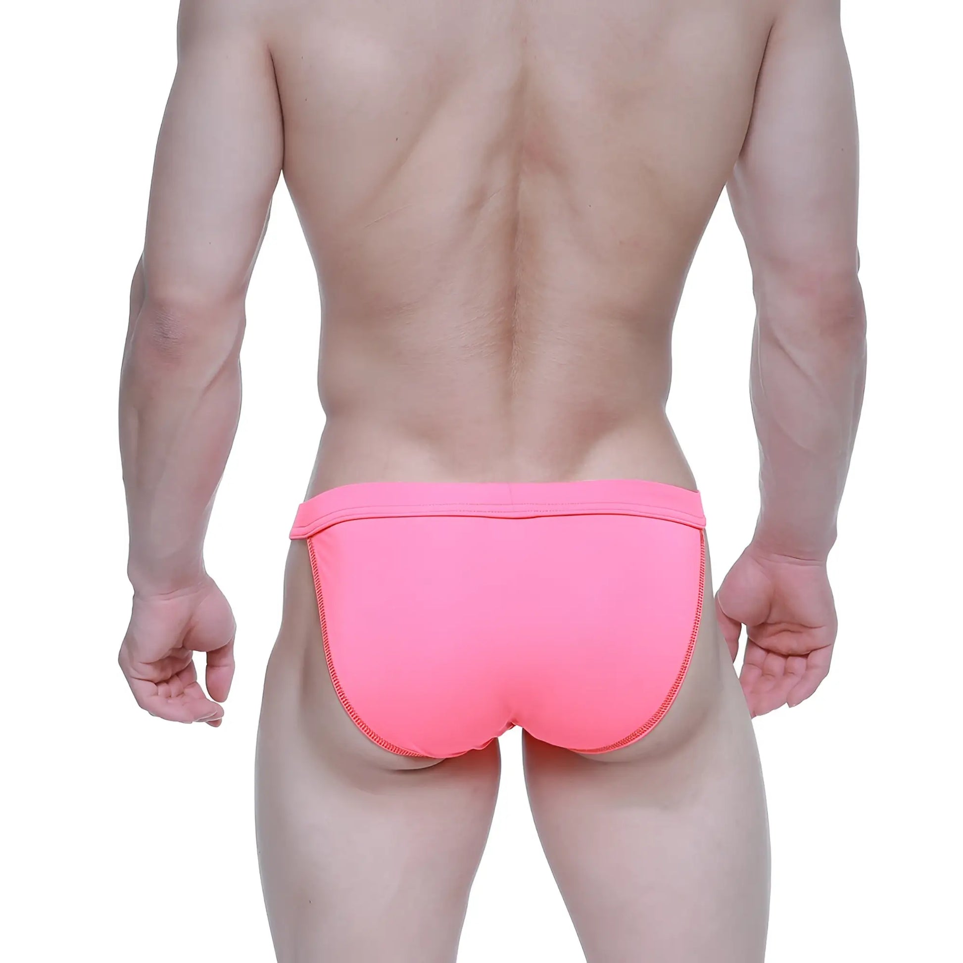 Bright pink MetroMaleWear Plano bikini swim trunks with snug fit and matching side seam zipper detail
