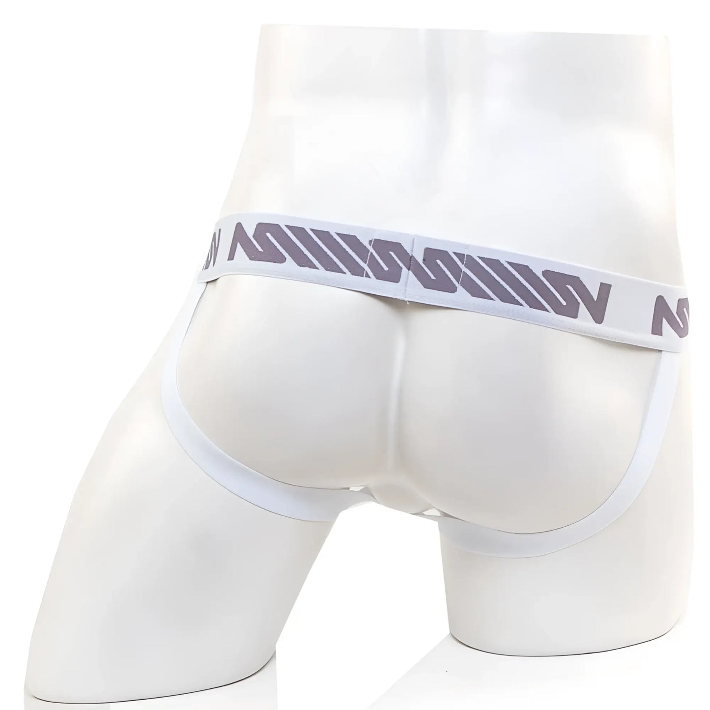 White men’s briefs with gray patterned waistband featuring stylized lettering from MetroMaleWear pocket jock strap pine green collection