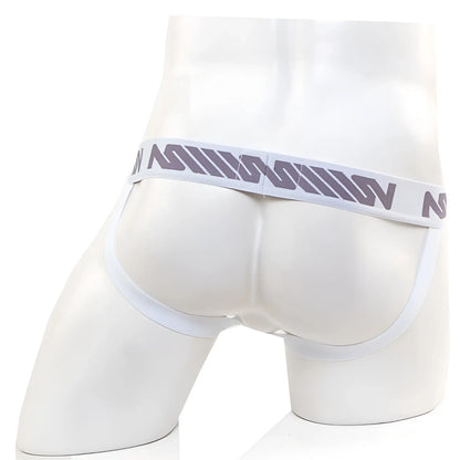 White men’s briefs with gray patterned waistband featuring stylized lettering from MetroMaleWear pocket jock strap pine green collection
