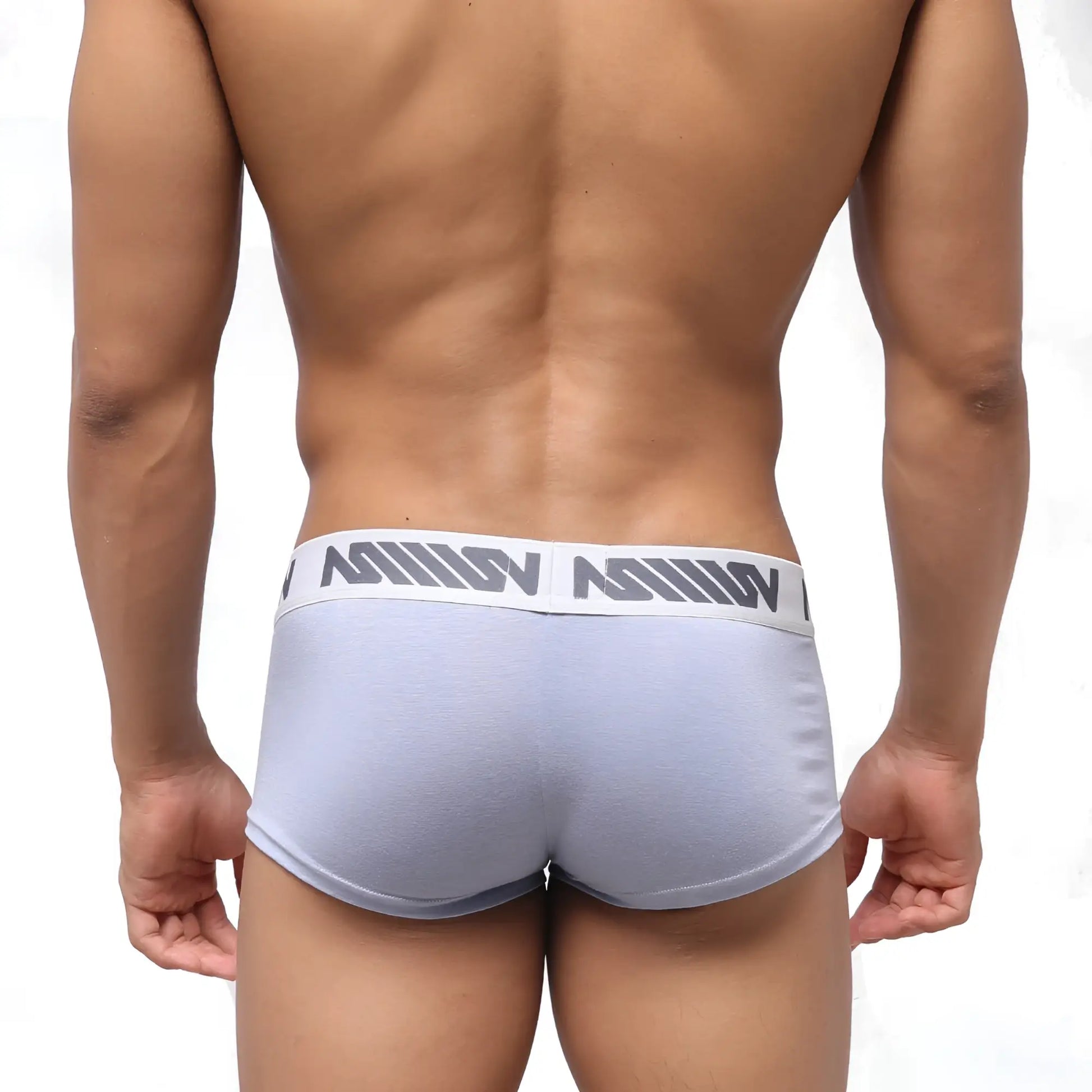 Metro male wear light gray athletic briefs with white waistband and dark gray logo pattern for active use
