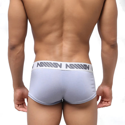 Metro male wear light gray athletic briefs with white waistband and dark gray logo pattern for active use