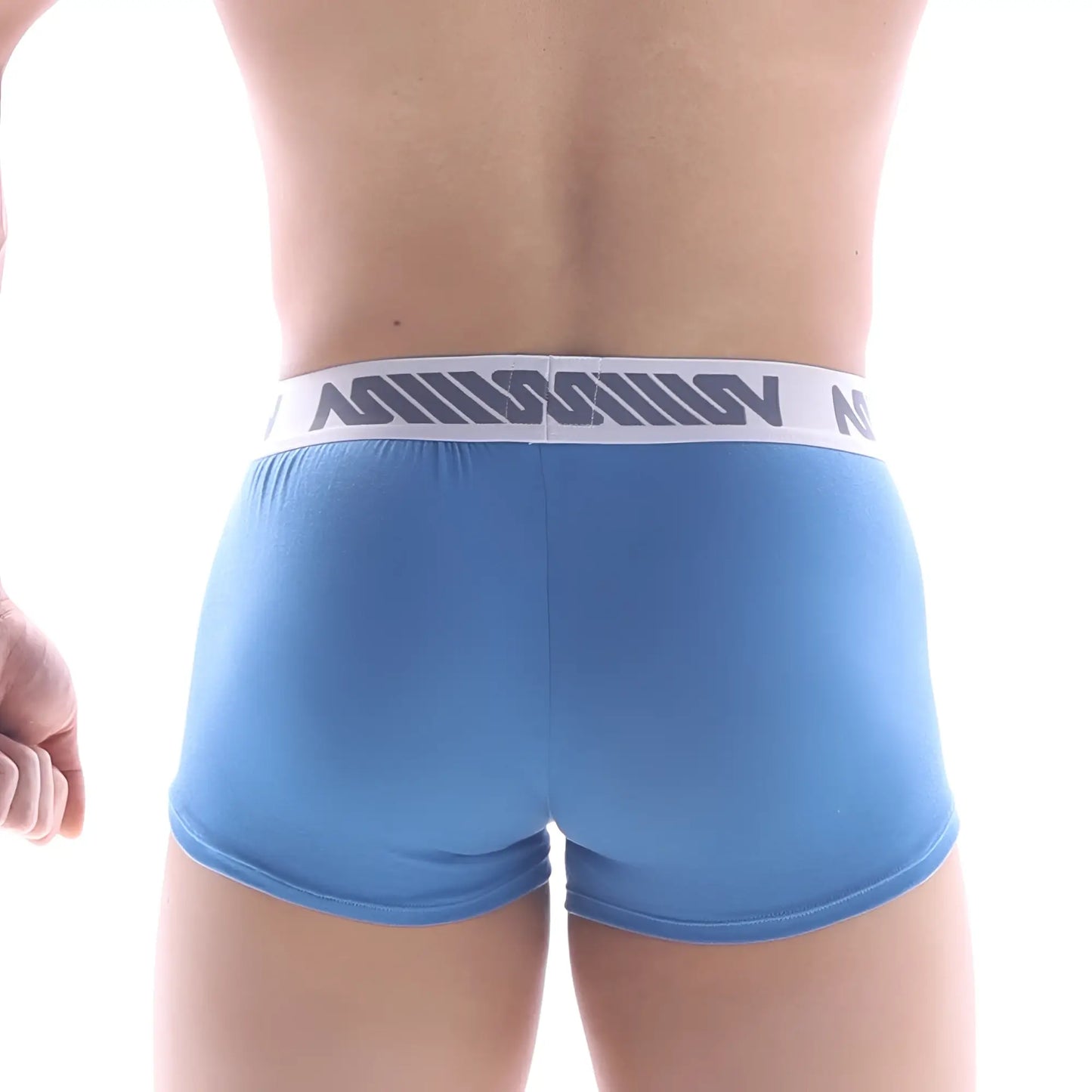 Light blue MetroMaleWear pocket short boxer briefs with white elastic waistband and gray million brand name lettering