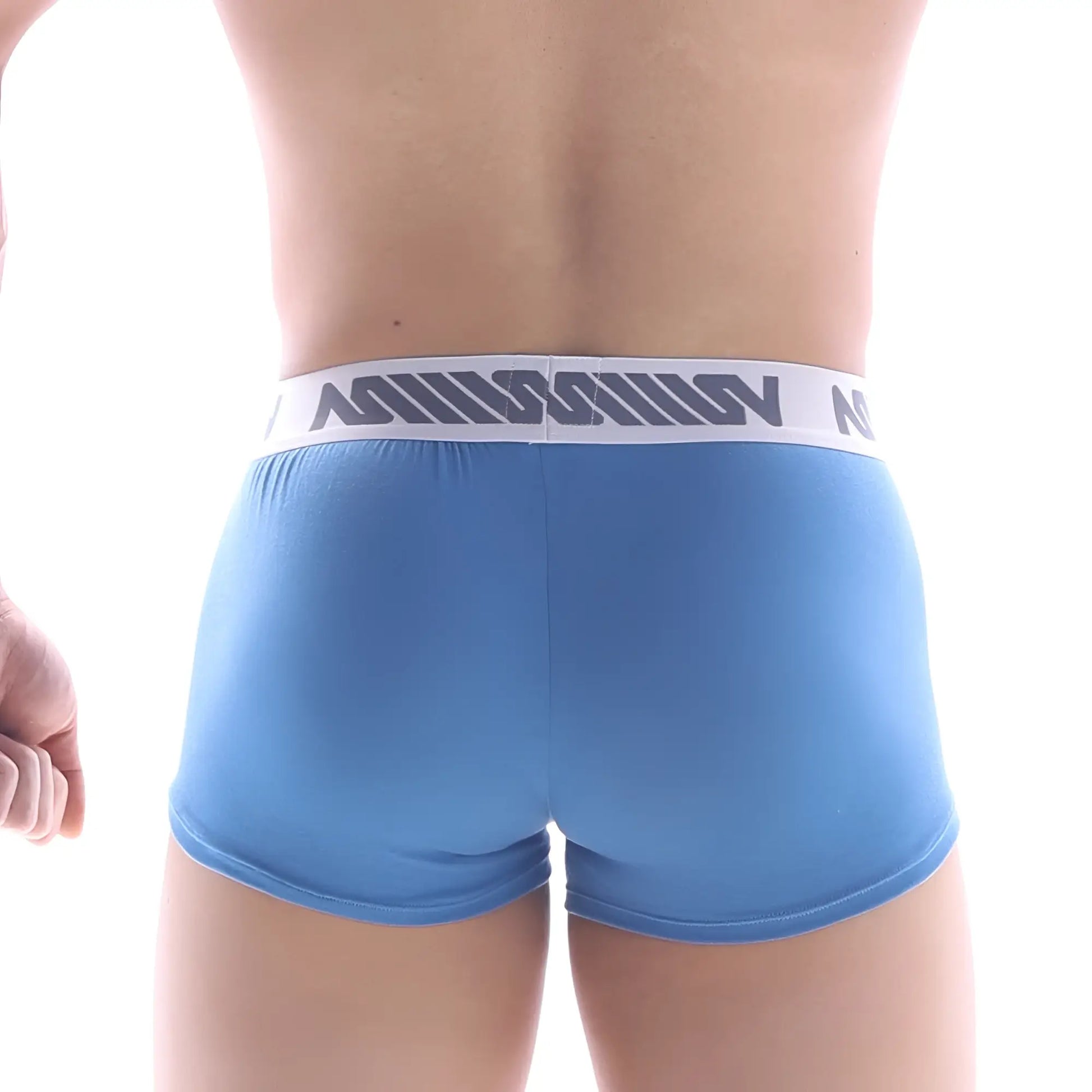 Light blue MetroMaleWear pocket short boxer briefs with white elastic waistband and gray million brand name lettering
