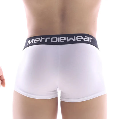 White metrowear briefs with black waistband branded metro-male-wear pocket short boxer 3113-00 front view