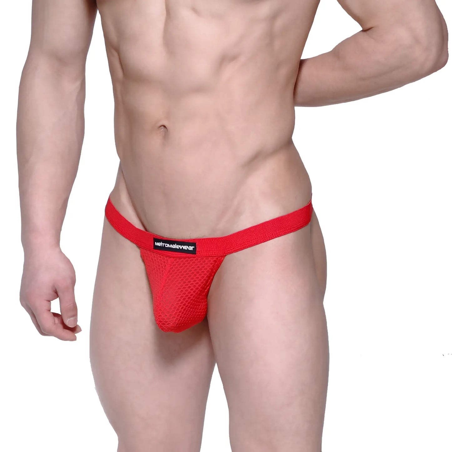 Red mesh briefs with black brand label from metromalewear pocket thong red mesh 3202-73 product image