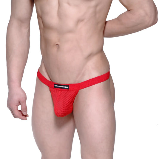 Red mesh briefs with black brand label from metromalewear pocket thong red mesh 3202-73 product image