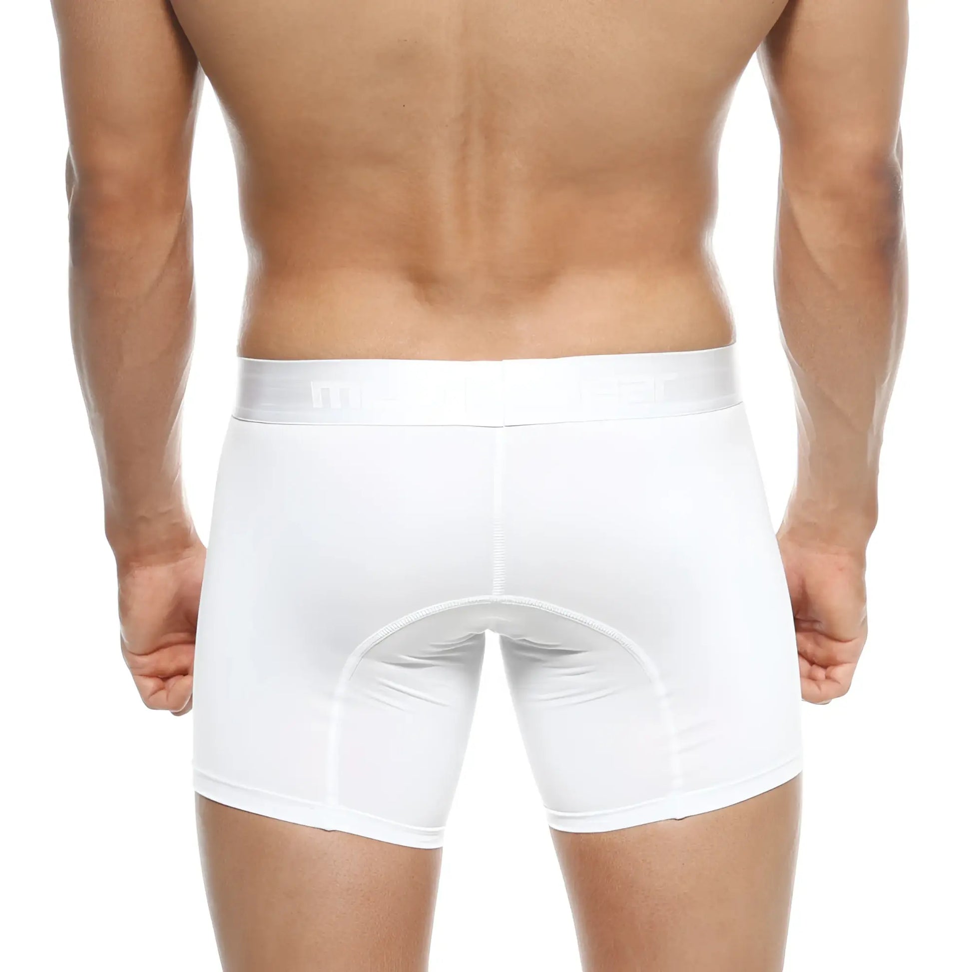 White men’s snug fit boxer briefs in polyester with reinforced seams from MetroMaleWear mid boxer crystal 10 inch 2023-01