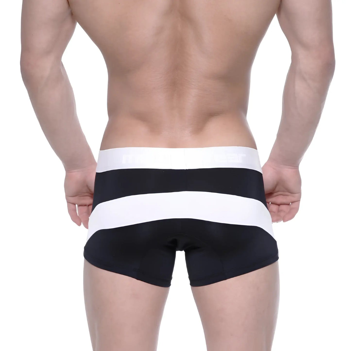 Black and white striped metroMalewear polyester short boxer briefs with wide elastic waistband and 7 inch arc length