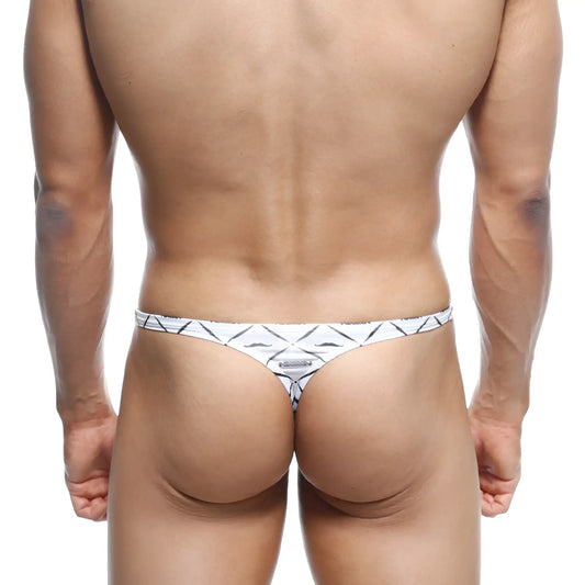 Metro male wear pouch thong caballero 2302-03 white thong with black geometric pattern and small metallic logo center