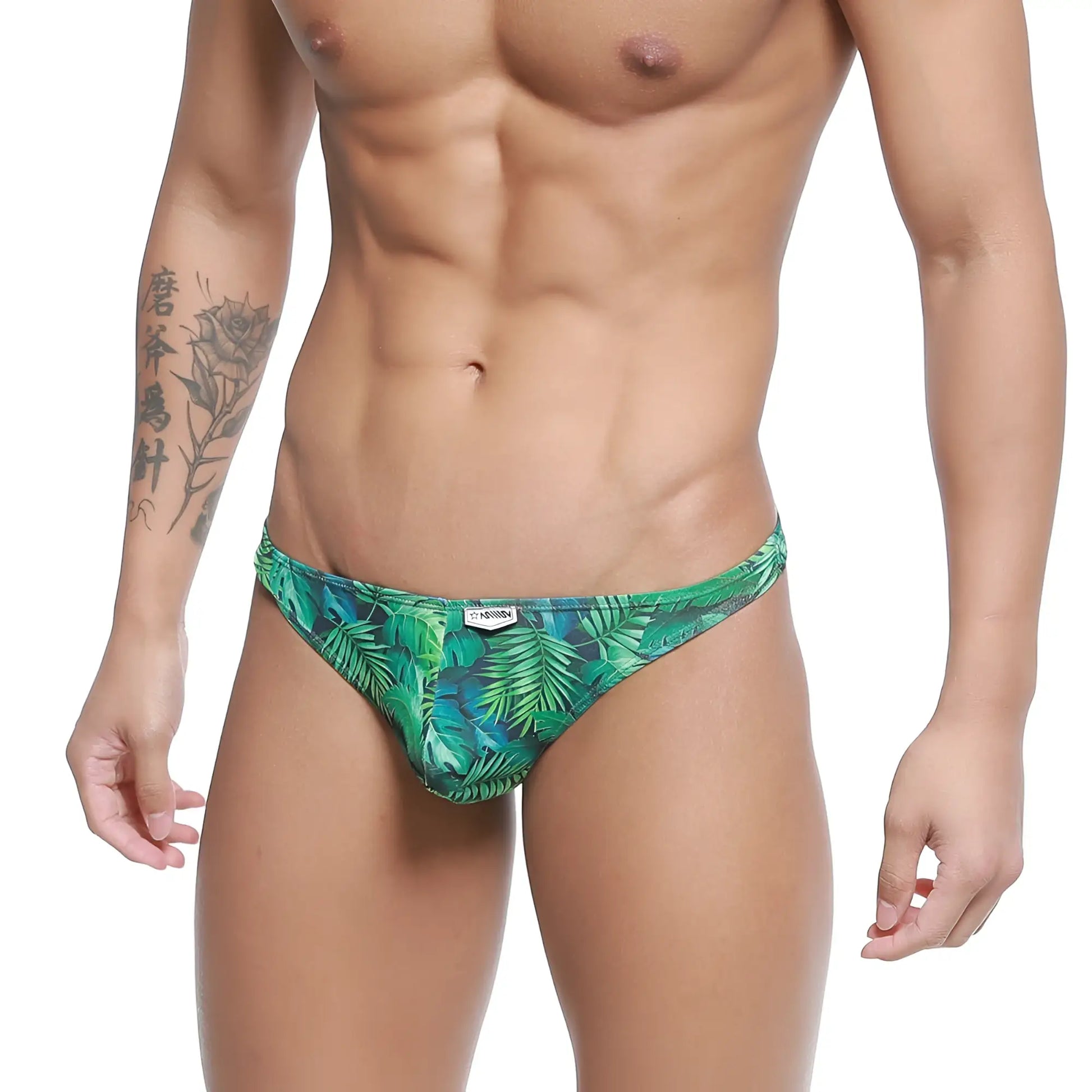 Metro male wear pouch thong jungle 2302-02 green tropical leaf patterned men’s briefs showing front side
