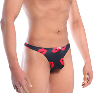 Black briefs pouch thong by metromalewear featuring bold red lipstick print pattern for stylish comfort