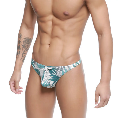 Tealmale Wear pouch thong meadow 2302-10 tropical leaf patterned teal and white men’s briefs front view