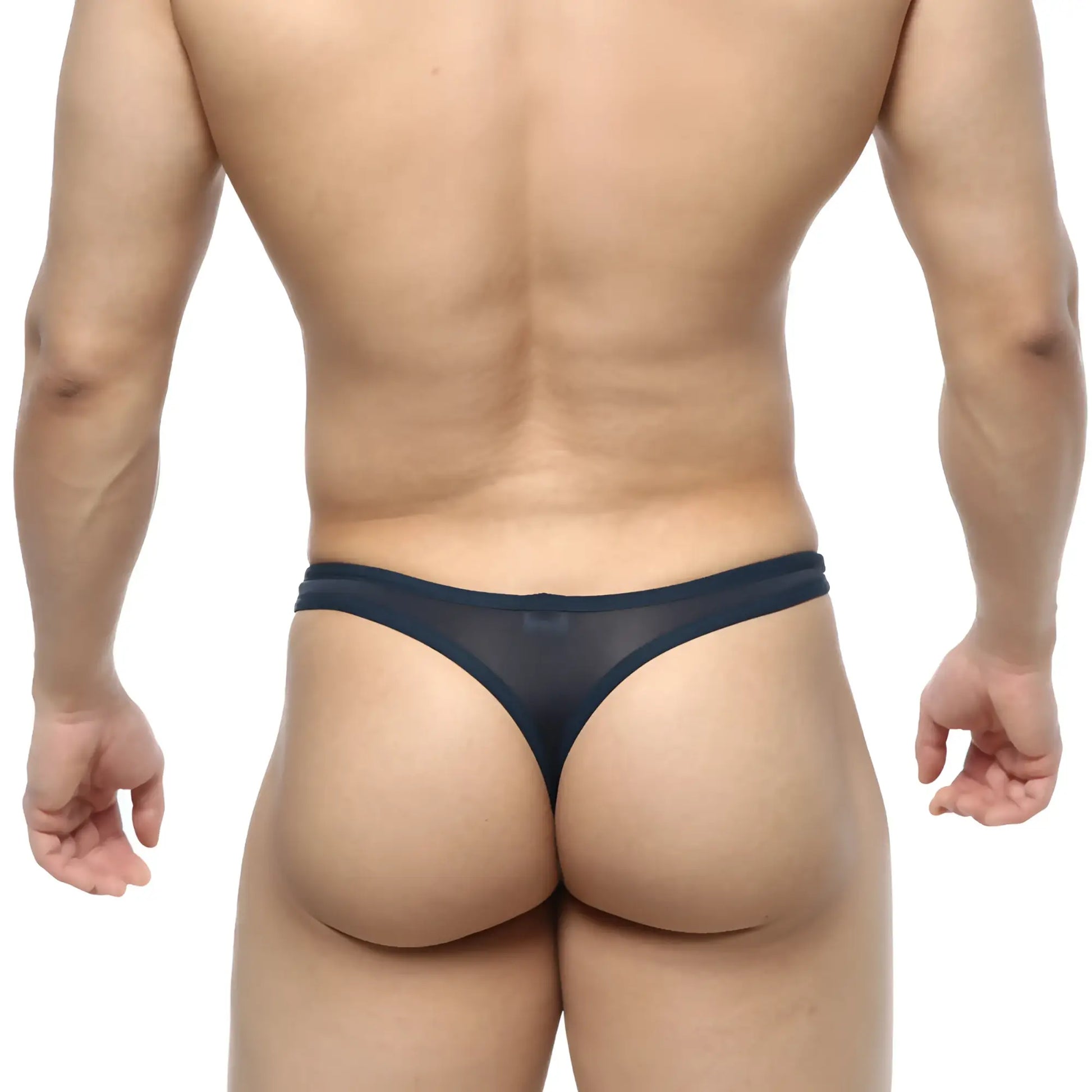 MetroMaleWear pouch thong navy 2302-28 black sheer mesh with solid waistband showing front side
