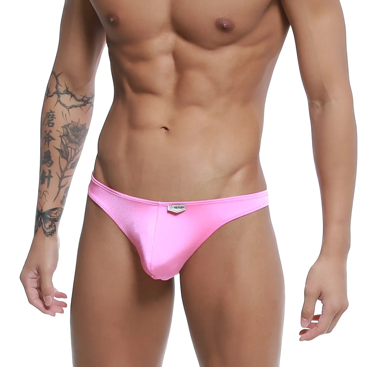Metro male wear pouch thong pink shiny fabric briefs with metallic logo on waistband front view