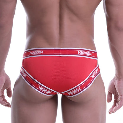 Red metro malewear power mesh hip brief with white trim and repeating milliv logo on waistband and leg openings